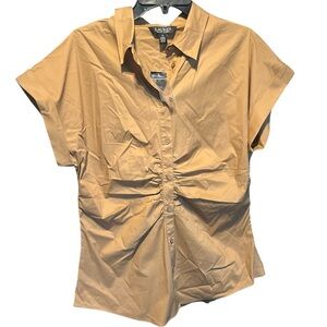 NWT Ralph Lauren Black Rolled Cap Short Sleeve Button Down Blouse Tan Size 14